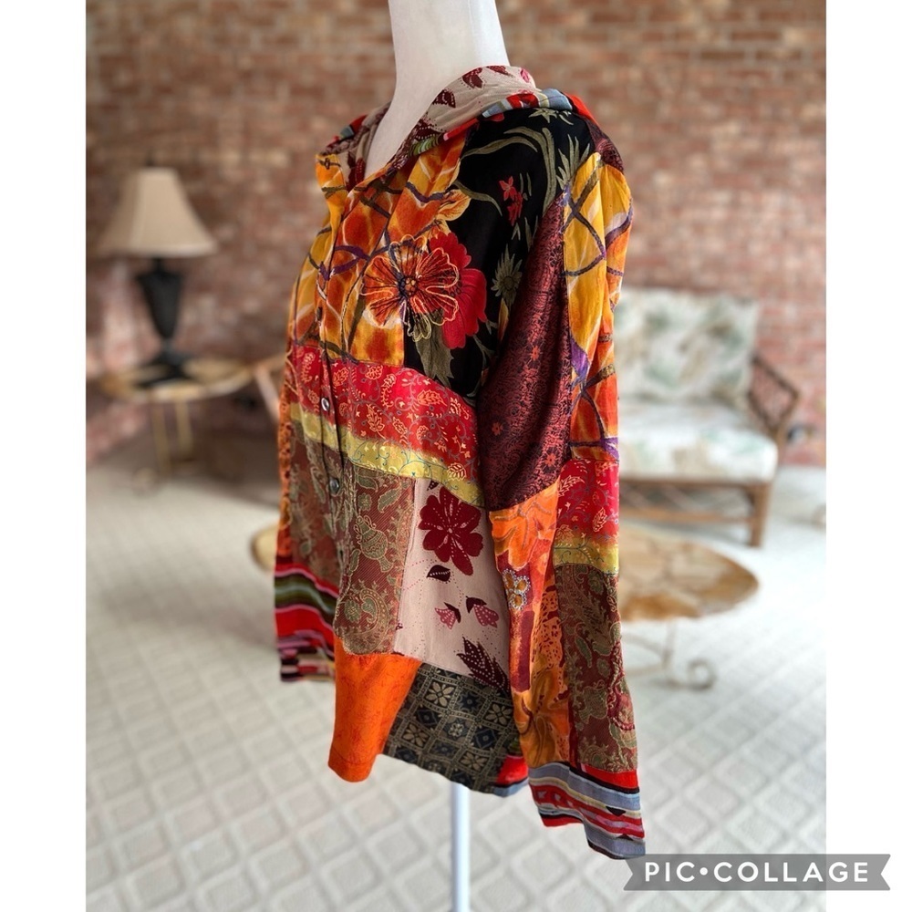 Chico’s Jacket Orange Multi Patchwork Hooded Embr… - image 7